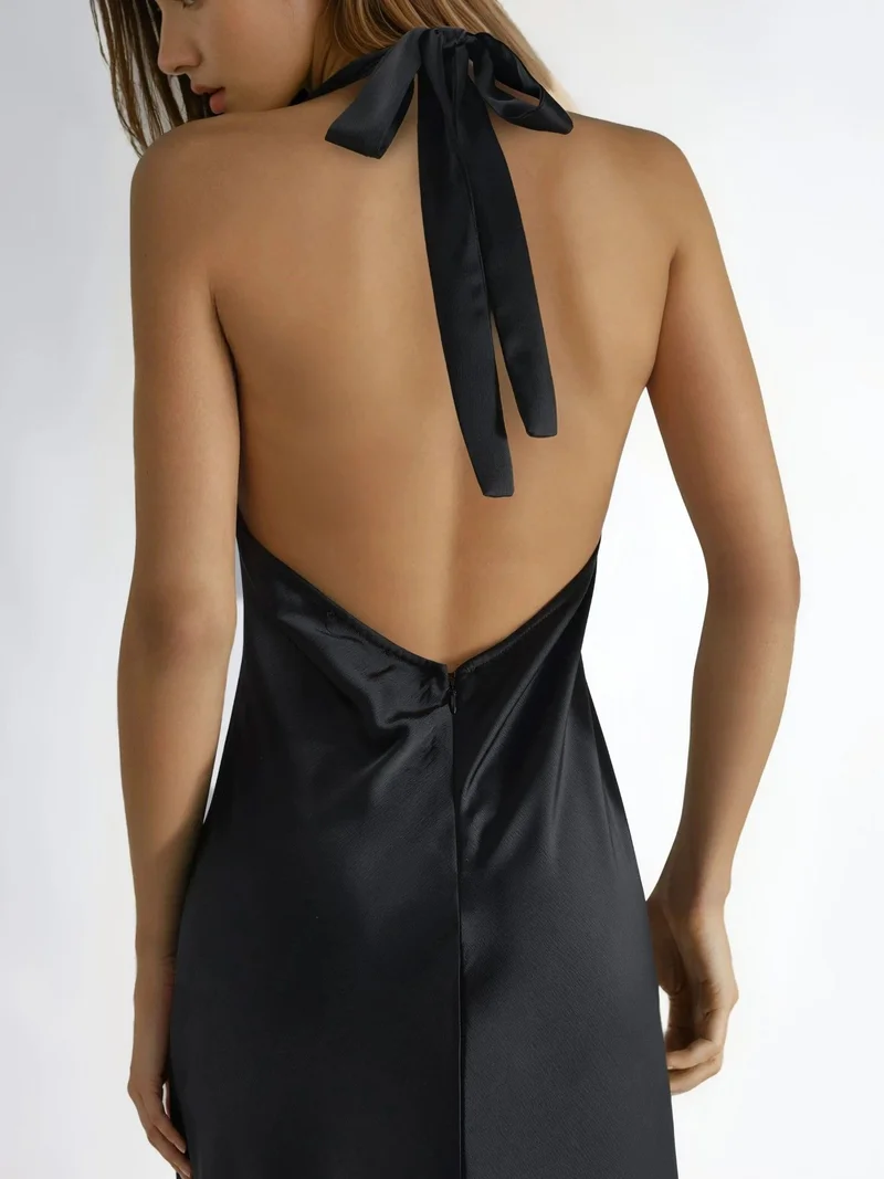 Hiccup Black Halter Neck Satin Maxi Dress for Women | Best Price UAE