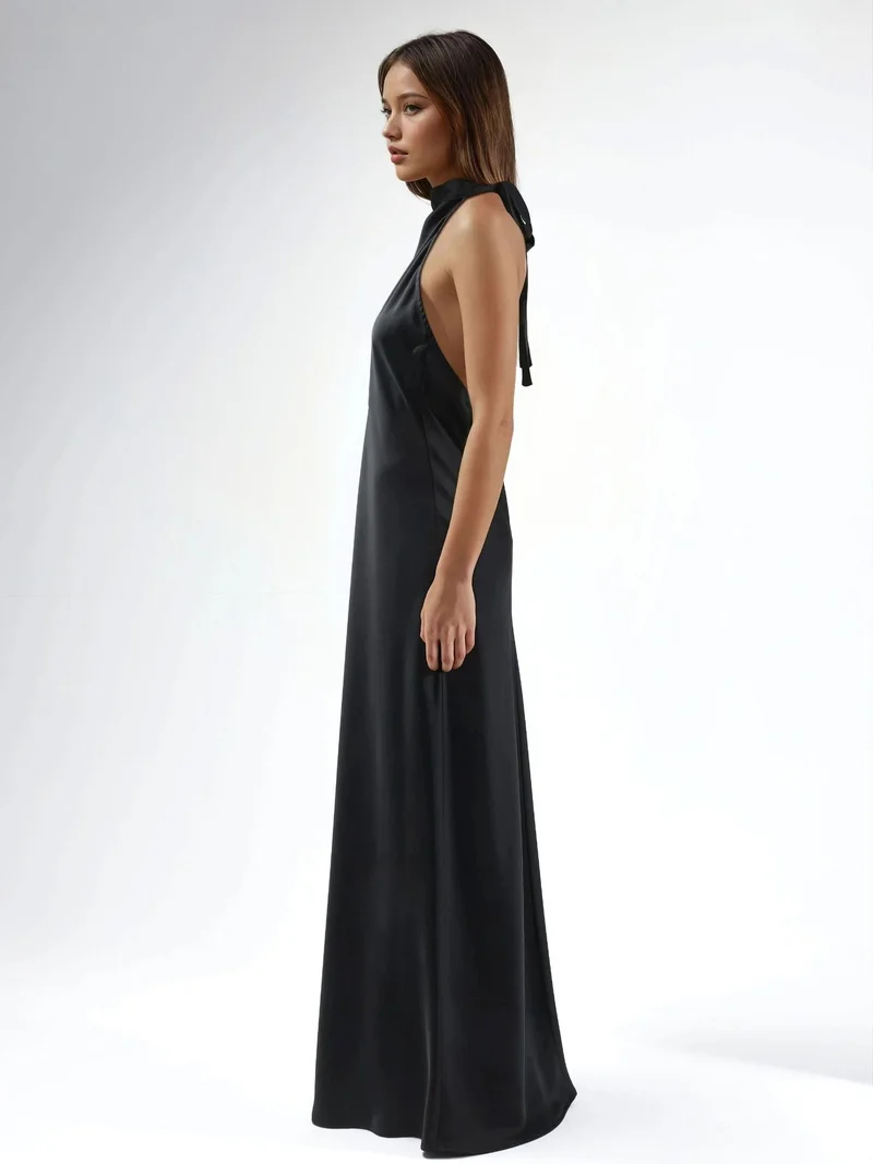 Hiccup Black Halter Neck Satin Maxi Dress for Women | Best Price UAE