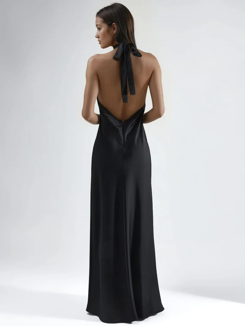 Hiccup Black Halter Neck Satin Maxi Dress for Women | Best Price UAE