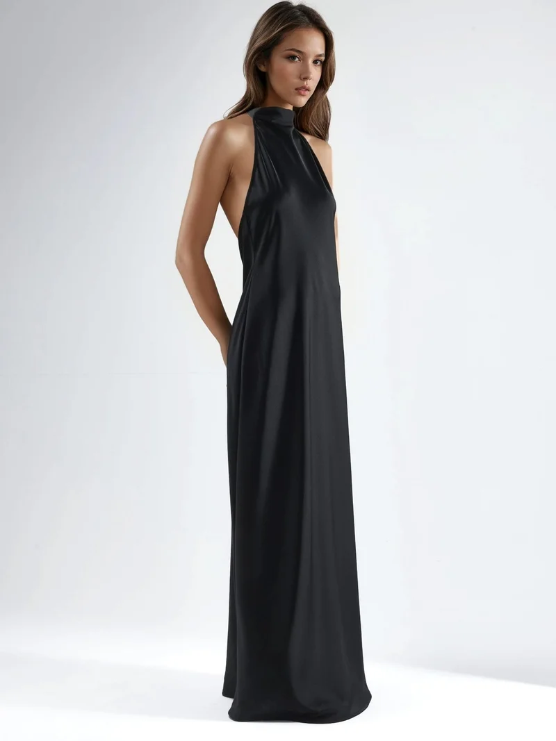 Hiccup Black Halter Neck Satin Maxi Dress for Women | Best Price UAE
