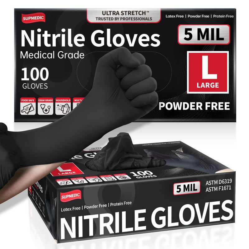 Supmedic Black Nitrile Exam Gloves, 5 Mil Chemical Resistant Powder-Free Food Safe Disposable Medical Glove 100Pcs (Large) - Image 1