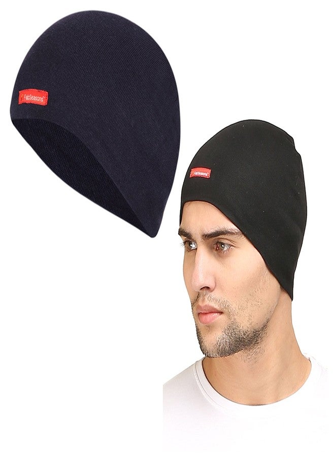 FabSeasons قبعة جمجمة قطنية من فاب سيزونز، مثالية لجميع فصول الصيف والشتاء. يمكن استخدامها تحت الخوذة. حزمة مكونة من 2 (أزرق، أسود) - Image 1