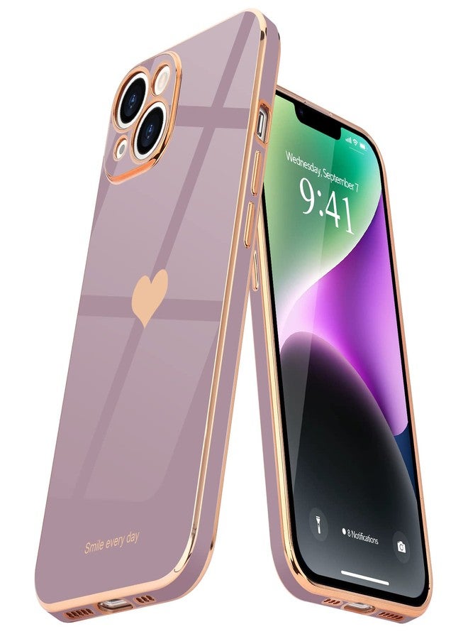 Teageo جراب هاتف Teageo لهاتف iPhone 14 للنساء والفتيات، بتصميم قلب حب لطيف، مطلي بالكهرباء، غطاء خلفي ناعم لامع، حماية كاملة للكاميرا، مصنوع من السيليكون المقاوم للصدمات، لون لافندر. - Image 1