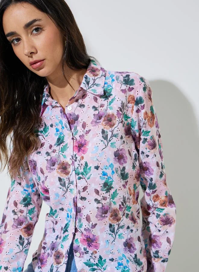 Styli Floral Print Cotton Schiffli Shirt
