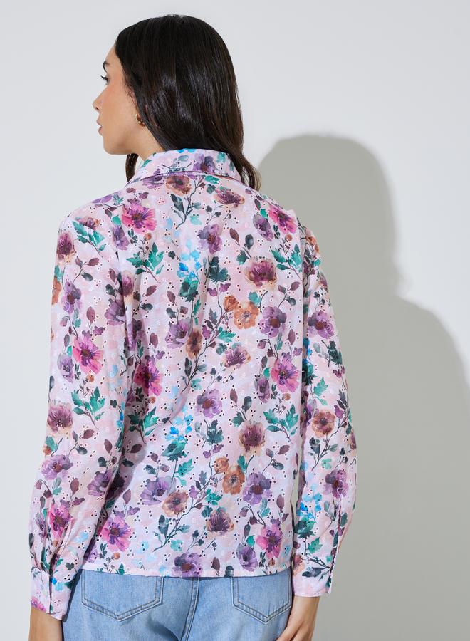 Styli Floral Print Cotton Schiffli Shirt - Image 4
