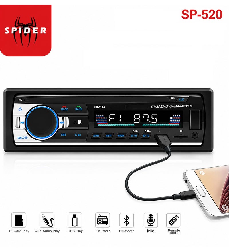SPIDER SP-520 Single DIN Car MP3 Player Bluetooth FM Radio USB TF Card AUX Input Car Stereo Audio Receiver 60W x 4 Output LCD Display Remote Control Hands-Free Calling Dual USB Charging Music Player Universal 12V Vehicle Audio System - Image 1