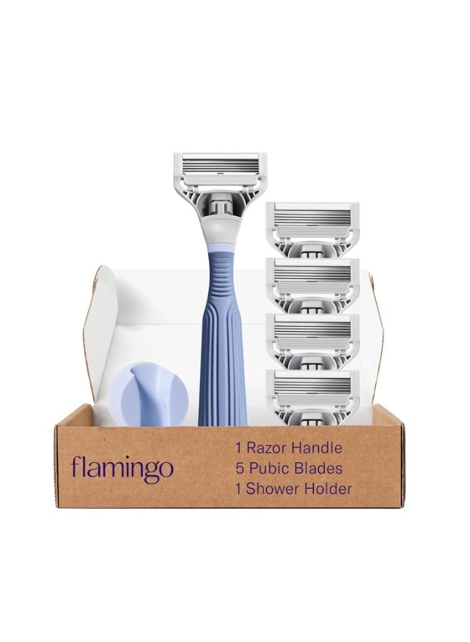 Flamingo طقم حلاقة فلامينغو، 1 مقبض ماكينة حلاقة للمناطق الحساسة، 4 شفرات بخمسة شفرات، 1 حامل للاستحمام - Image 1