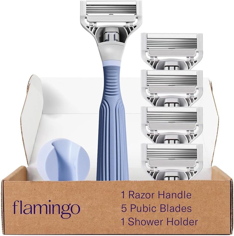 Flamingo طقم حلاقة فلامينغو، 1 مقبض ماكينة حلاقة للمناطق الحساسة، 4 شفرات بخمسة شفرات، 1 حامل للاستحمام - Image 1