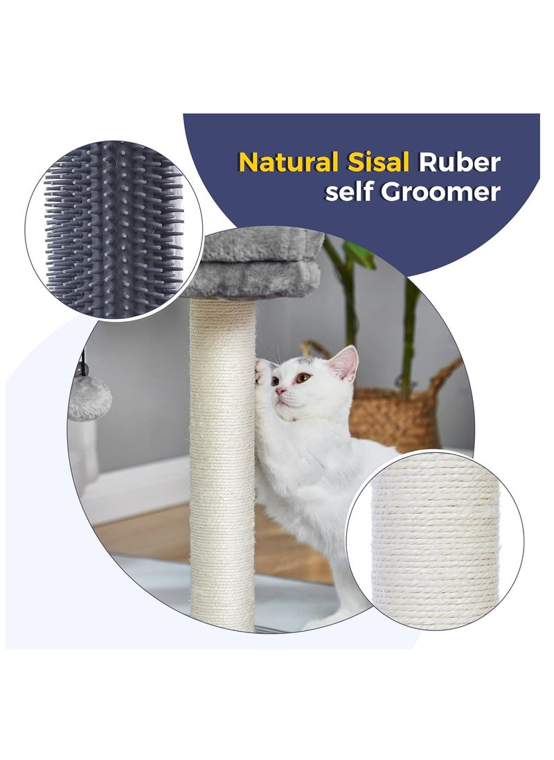 Next Vogue - NEXT VOGUE Cat Tree 4 in 1 Cat Scratching Post with Cat Bed Featuring with Cat Self Groomer Wide Cat Perch Natural Scratching Post and Danging Ball for Indoor Cats - Image 1