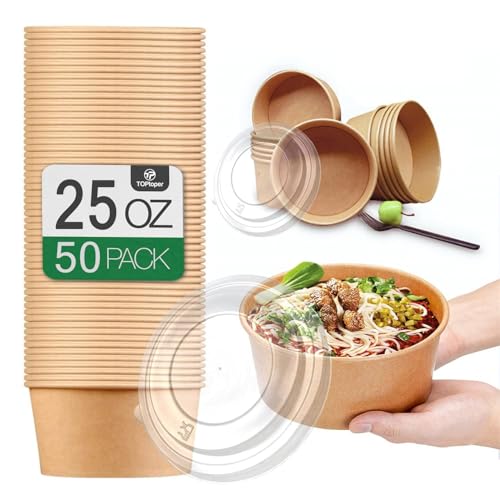 TOPtoper 50 Pack 25 Oz Large Paper Bowls with Lids, Disposable Soup Serving Bowls Bulk Party Supplies for Hot/Cold Food, Soup (25 OZ) - Image 1