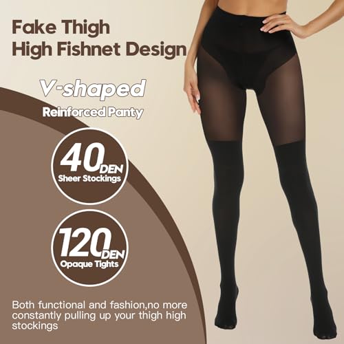 MANZI Black Faux Thigh High Opaque Tights Goth Mock Over Knee Stockings High Waist Warm Fake Sheer Pantyhose for Women - Image 3