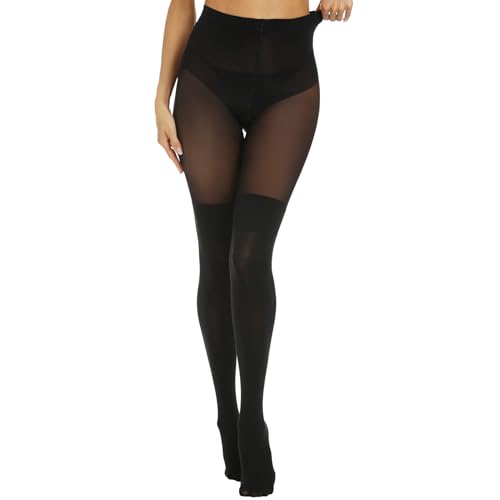 MANZI Black Faux Thigh High Opaque Tights Goth Mock Over Knee Stockings High Waist Warm Fake Sheer Pantyhose for Women - Image 1