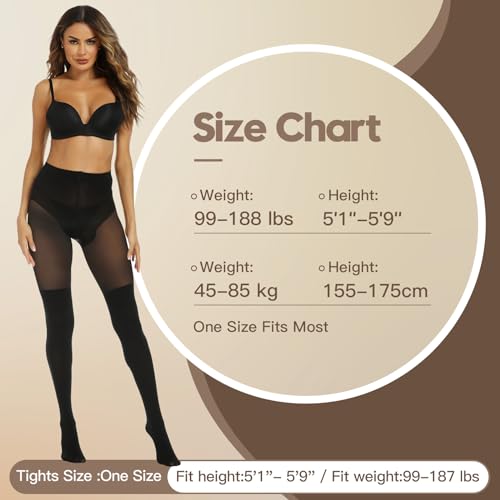 MANZI Black Faux Thigh High Opaque Tights Goth Mock Over Knee Stockings High Waist Warm Fake Sheer Pantyhose for Women - Image 5
