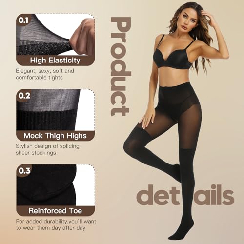 MANZI Black Faux Thigh High Opaque Tights Goth Mock Over Knee Stockings High Waist Warm Fake Sheer Pantyhose for Women - Image 4
