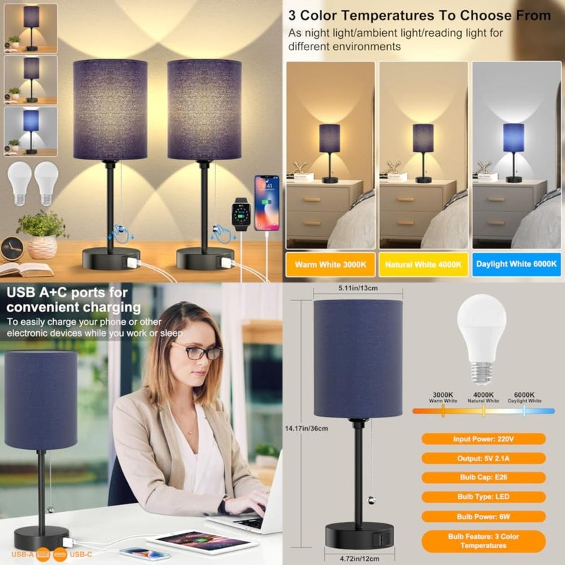 Table lamp for Bedroom, 3 Color Temperatures Bedside Lamps with USB C and A Ports, Pull Chain Table Lamps, Nightstand Lamps with Black Metal Base for Reading - Image 1