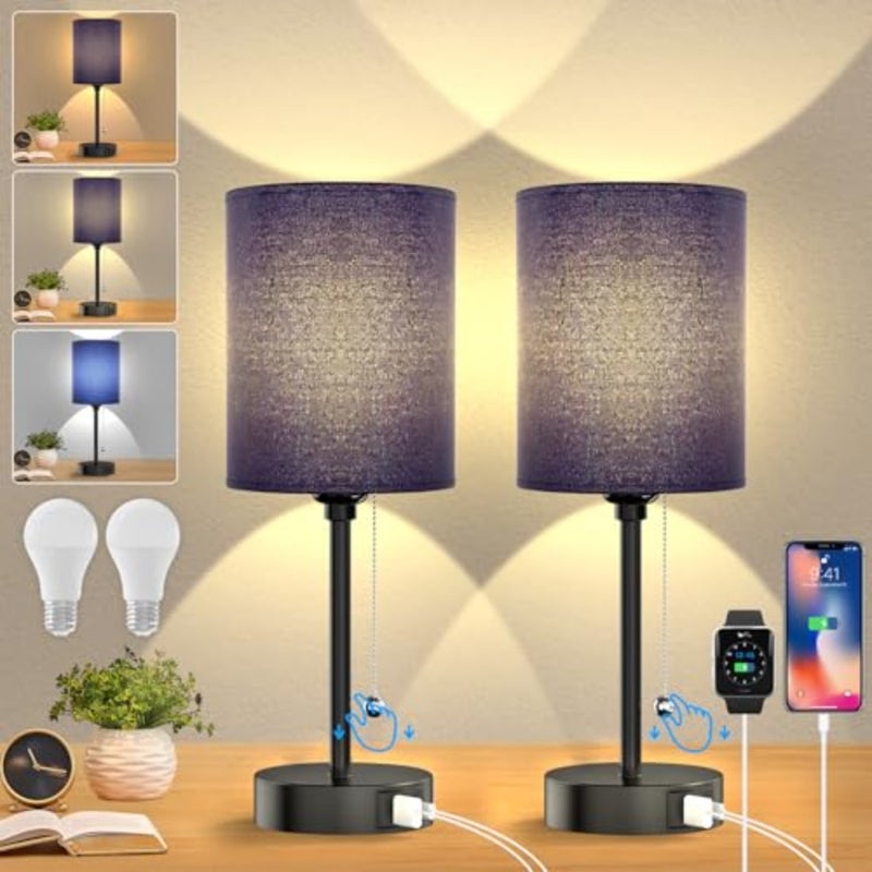 Table lamp for Bedroom, 3 Color Temperatures Bedside Lamps with USB C and A Ports, Pull Chain Table Lamps, Nightstand Lamps with Black Metal Base for Reading - Image 2