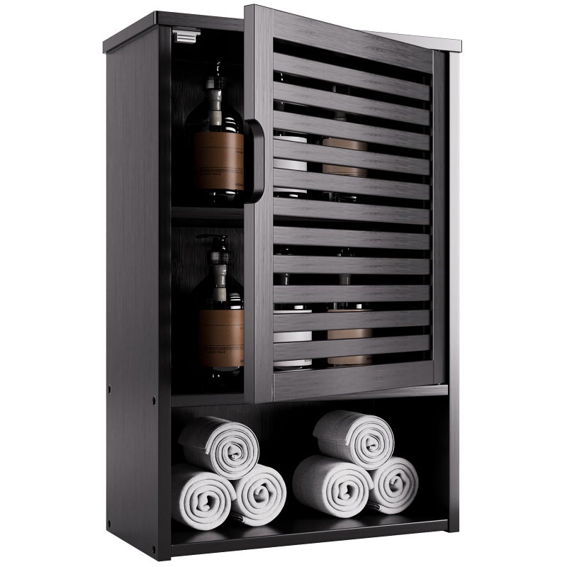 HITNET Bathroom Storage Cabinet Wall Mounted, Hanging Medicine Cabinet with Adjustable Shelf, Over The Toilet Space Saver Organizer, Black Bamboo Kitchen Cupboard, Single Door - Image 1