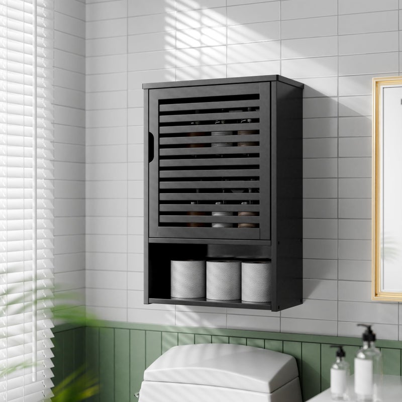 HITNET Bathroom Storage Cabinet Wall Mounted, Hanging Medicine Cabinet with Adjustable Shelf, Over The Toilet Space Saver Organizer, Black Bamboo Kitchen Cupboard, Single Door - Image 2