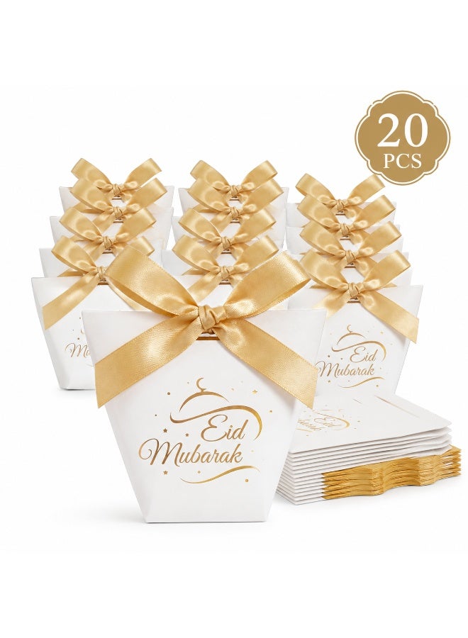 20 Pcs Gold Foil Eid Mubarak Print Cardboard Gift Boxes Satin Bow Decorated Candy Treat Boxes for Ramadan Eid Wedding Birthday Party Gift Packaging 6x10x12cm - Image 1