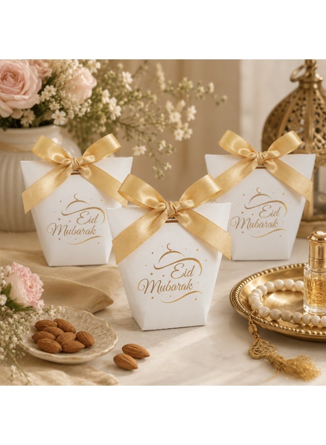 20 Pcs Gold Foil Eid Mubarak Print Cardboard Gift Boxes Satin Bow Decorated Candy Treat Boxes for Ramadan Eid Wedding Birthday Party Gift Packaging 6x10x12cm - Image 3
