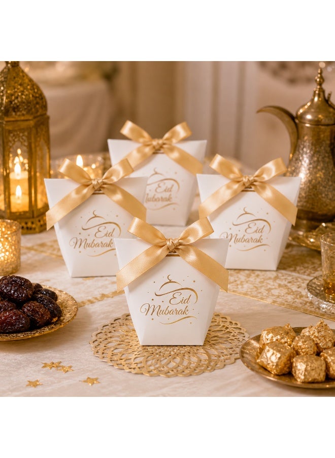 20 Pcs Gold Foil Eid Mubarak Print Cardboard Gift Boxes Satin Bow Decorated Candy Treat Boxes for Ramadan Eid Wedding Birthday Party Gift Packaging 6x10x12cm - Image 5