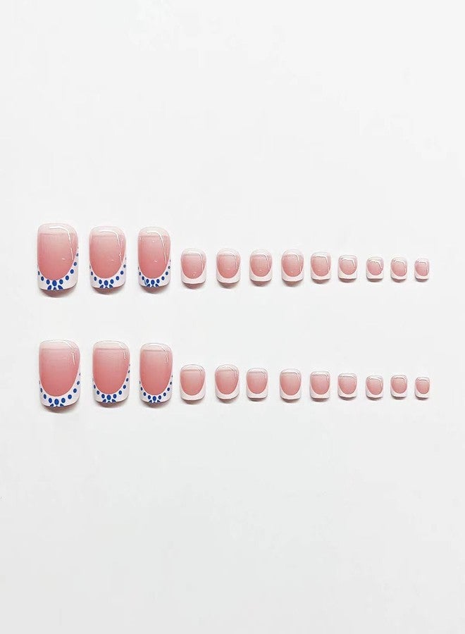 CTTHNBD Medium Press on Nails Square & Press on Toenails Set, White French Tip with Blue Spot Design - for Women 48 Pcs - Image 4