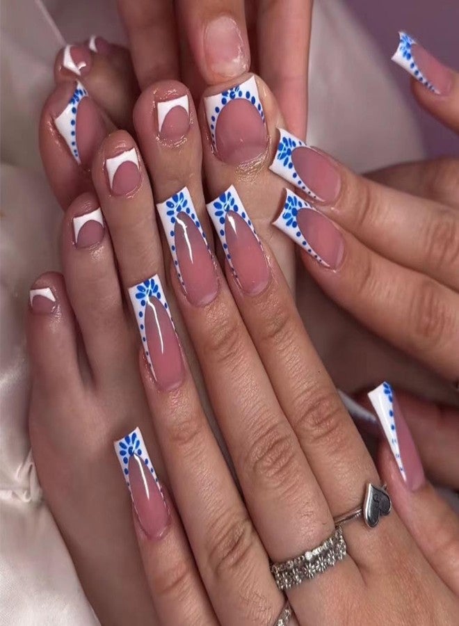 CTTHNBD Medium Press on Nails Square & Press on Toenails Set, White French Tip with Blue Spot Design - for Women 48 Pcs - Image 1