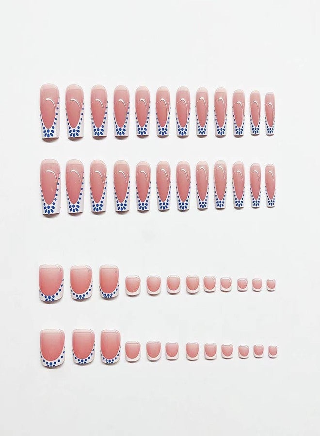 CTTHNBD Medium Press on Nails Square & Press on Toenails Set, White French Tip with Blue Spot Design - for Women 48 Pcs - Image 2