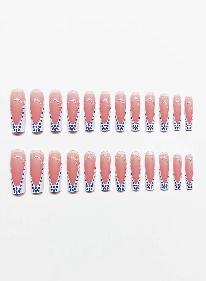 CTTHNBD Medium Press on Nails Square & Press on Toenails Set, White French Tip with Blue Spot Design - for Women 48 Pcs - Image 3