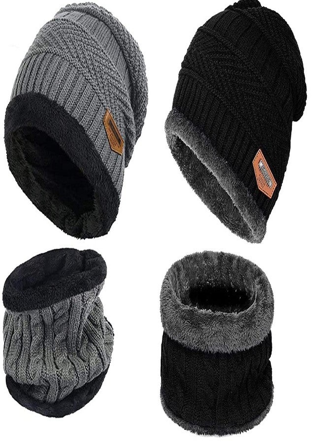 Atipriya Woolen Beanie/Skull Cap & Neck Warmer Combo for Winters with Faux Fur Inner Side Woolen Cap | Ear Warmer Cap Pack of 2 Set (black & grey neck muffler cap) - Image 1