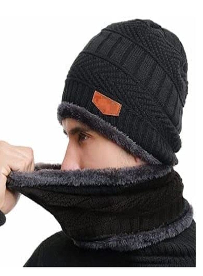 Atipriya Woolen Beanie/Skull Cap & Neck Warmer Combo for Winters with Faux Fur Inner Side Woolen Cap | Ear Warmer Cap Pack of 2 Set (black & grey neck muffler cap) - Image 4