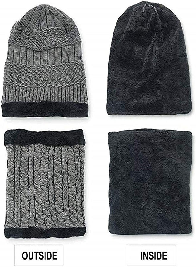 Atipriya Woolen Beanie/Skull Cap & Neck Warmer Combo for Winters with Faux Fur Inner Side Woolen Cap | Ear Warmer Cap Pack of 2 Set (black & grey neck muffler cap) - Image 2