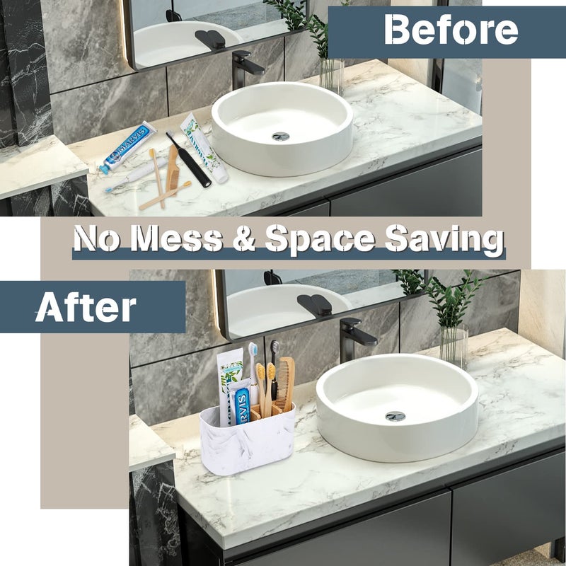 GFWARE Toothbrush Holders for Bathrooms, 5 Slots Bamboo Toothbrush Holder Kids Electric Toothbrush Holder and Toothpaste Holder for Bathroom Countertop Accessories Storage, Marble Toothbrush Organizer - Image 4