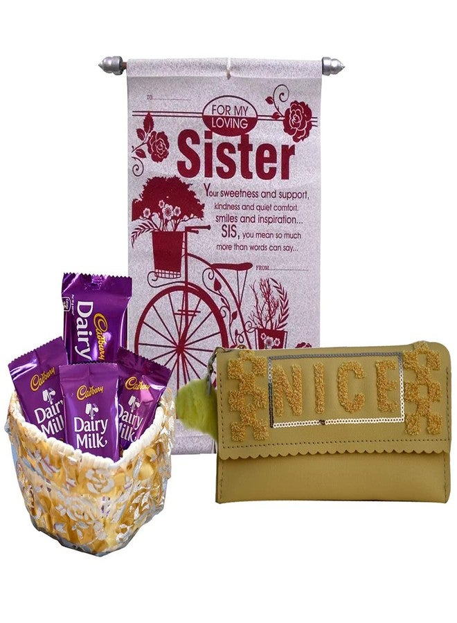 Natali Traders Gift Set for Sister - Scroll Card, Basket with 4 Chocolates and Women's Wallet - Birthday - New Year - Women's Day Gift - Image 1