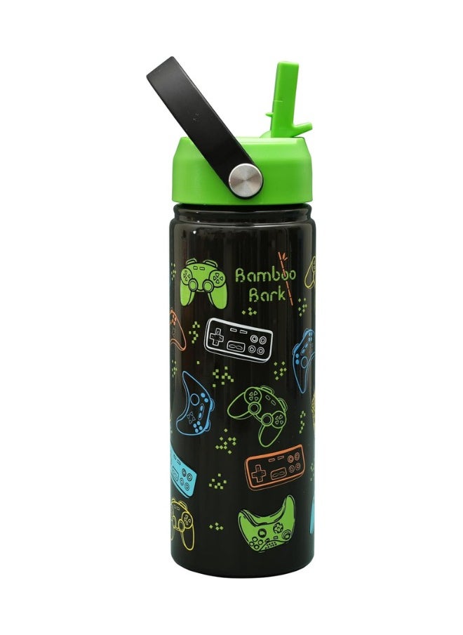 Bamboo Bark - Bamboo Bark Insulated Water Bottle for Kids 500 ml / 17 oz - Kids Water Bottle with Straw & Handle - BPA Free Stainless Steel Water Bottle - Toddler & Kids Water Bottle for School - Black Neon Gamer - Image 1