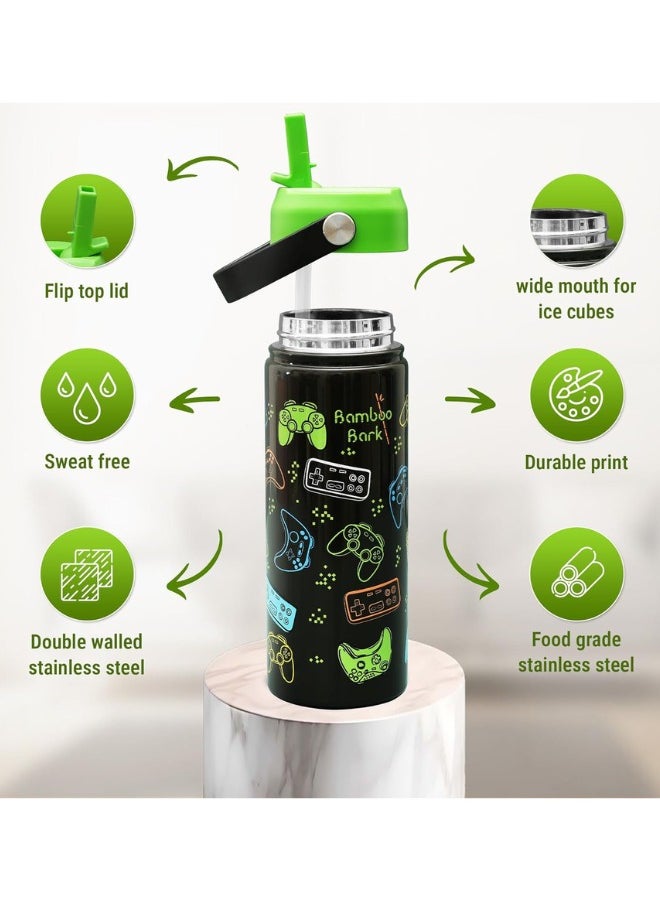 Bamboo Bark - Bamboo Bark Insulated Water Bottle for Kids 500 ml / 17 oz - Kids Water Bottle with Straw & Handle - BPA Free Stainless Steel Water Bottle - Toddler & Kids Water Bottle for School - Black Neon Gamer - Image 1