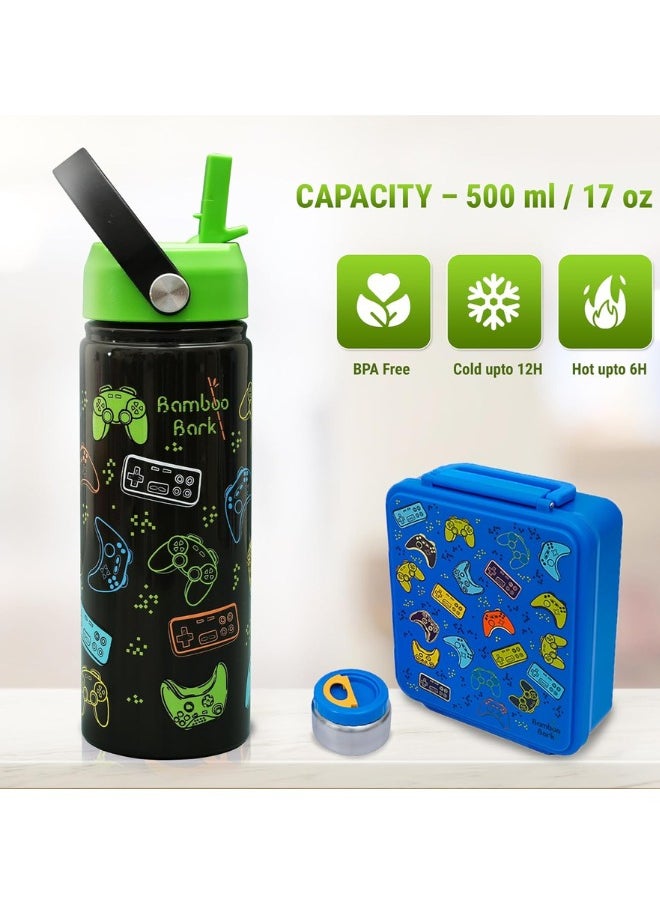 Bamboo Bark - Bamboo Bark Insulated Water Bottle for Kids 500 ml / 17 oz - Kids Water Bottle with Straw & Handle - BPA Free Stainless Steel Water Bottle - Toddler & Kids Water Bottle for School - Black Neon Gamer - Image 1