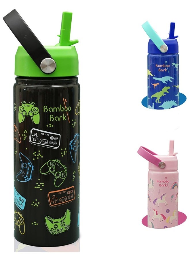 Bamboo Bark - Bamboo Bark Insulated Water Bottle for Kids 500 ml / 17 oz - Kids Water Bottle with Straw & Handle - BPA Free Stainless Steel Water Bottle - Toddler & Kids Water Bottle for School - Black Neon Gamer - Image 1