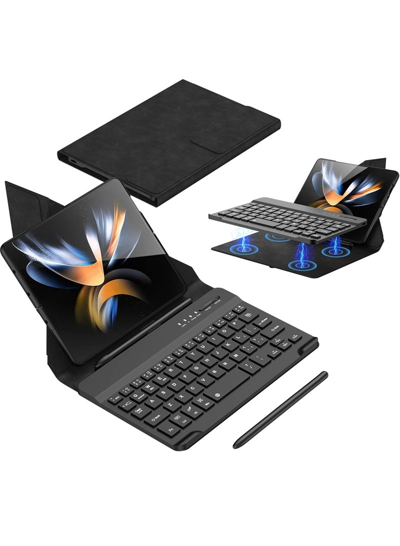 Mini Wireless Bluetooth Keyboard Leather Case for Samsung Galaxy Z Fold 5, Z Fold 4, Z Fold 3, Z Fold 2 & Google Pixel Fold - Lightweight, Comfortable Typing, Carbon Fiber Design. - Image 1