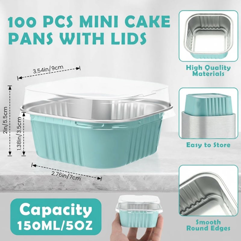 Skylety 100 Pcs 5 oz Mini Square Baking Pan with Lid Aluminum Foil Cupcake Pan Brownie Baking Cup Disposable Ramekins Individual Tin Dessert Containers for Kitchen(Light Blue) - Image 2