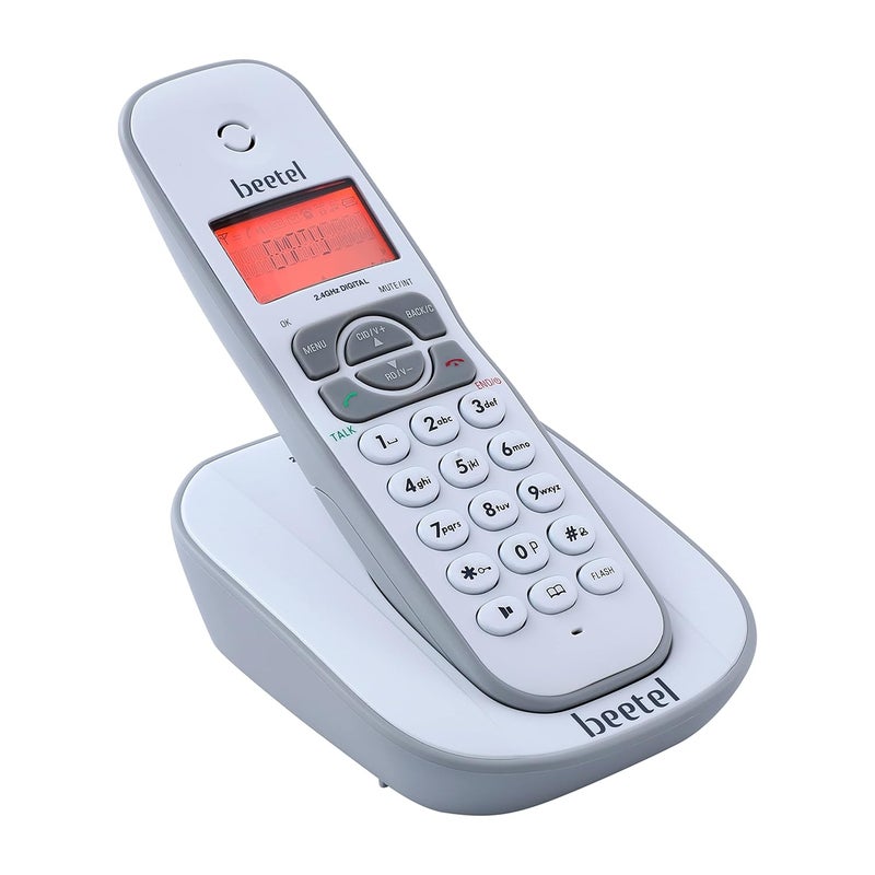 Beetel هاتف أرضي لاسلكي X73N بتردد 2.4 جيجاهرتز مع شاشة عرض معرف المتصل، هاتف مكبر صوت ثنائي الاتجاه مع عناصر تحكم في الصوت، إجابة تلقائية، وظيفة إنذار، تصميم أنيق (رمادي/أبيض)(X73N) - Image 1