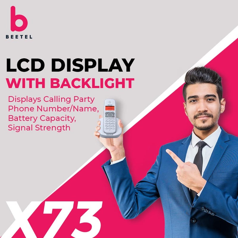 Beetel هاتف أرضي لاسلكي X73N بتردد 2.4 جيجاهرتز مع شاشة عرض معرف المتصل، هاتف مكبر صوت ثنائي الاتجاه مع عناصر تحكم في الصوت، إجابة تلقائية، وظيفة إنذار، تصميم أنيق (رمادي/أبيض)(X73N) - Image 2