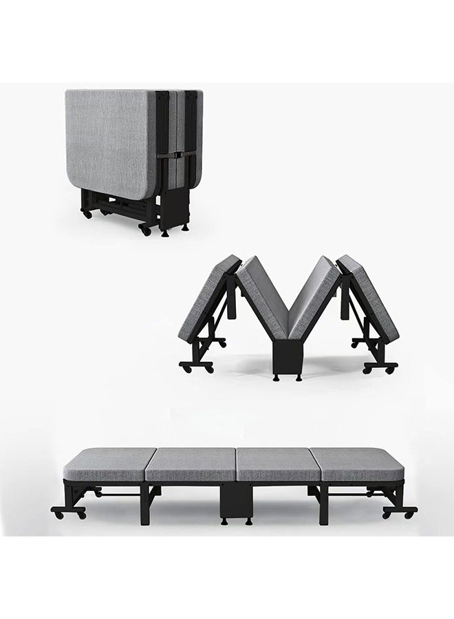 Beauenty Heavy Duty Metal Build Folding Bed Folding Bed With 8 Swivel Casters Four Fold Design Saves Space Upgraded Comfortable Cotton Linen  White Frame - Image 1