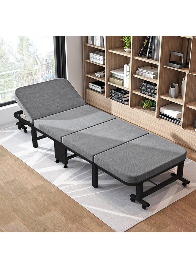 Beauenty Heavy Duty Metal Build Folding Bed Folding Bed With 8 Swivel Casters Four Fold Design Saves Space Upgraded Comfortable Cotton Linen  White Frame - Image 2