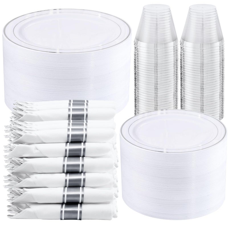 WELLIFE 350Piece Silver Plastic Dinnerware Set  Disposable 1025 Dinner Plates 75 Dessert Plates 9oz Silver Rim Cups  Cutlery for Weddings  50 Guest Service  Elegant Disposable Silverware
