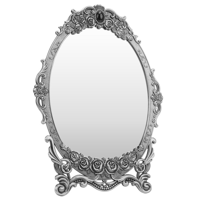 Oval Vanity Mirror: Vintage Floral Embossed Beaded Edge - Clear Distortion-Free Image Retro Desktop Makeup Mirror for Vanity Dresser Bedroom Home Decor Gift - Image 3