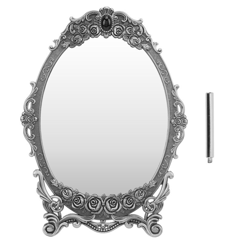 Oval Vanity Mirror: Vintage Floral Embossed Beaded Edge - Clear Distortion-Free Image Retro Desktop Makeup Mirror for Vanity Dresser Bedroom Home Decor Gift - Image 1