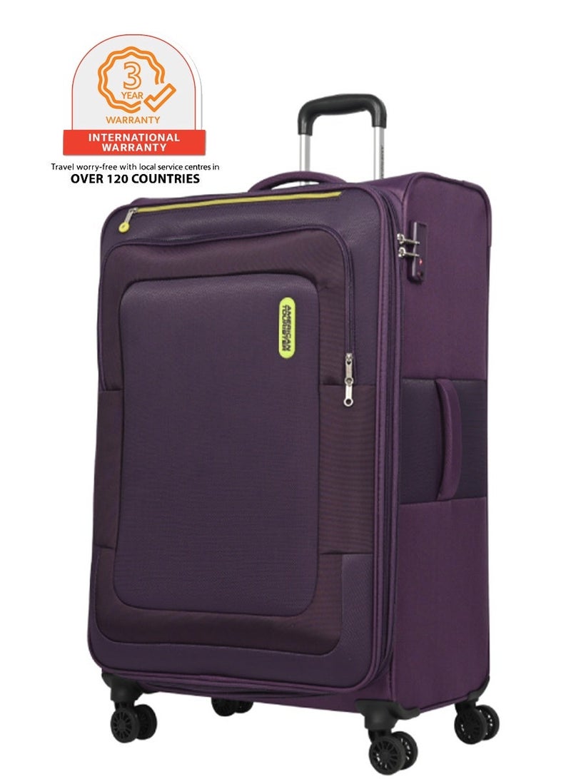 AMERICAN TOURISTER Duncan+ Suitcase, Check-In Size 83 cm, 4 Spinner Wheels, Soft Top, 100% Polyester, Purple|Lightweight|Water Resistant Material|TSA Lock|Front Storage Compartment|Expandable - 3 Years International Warranty - Image 1