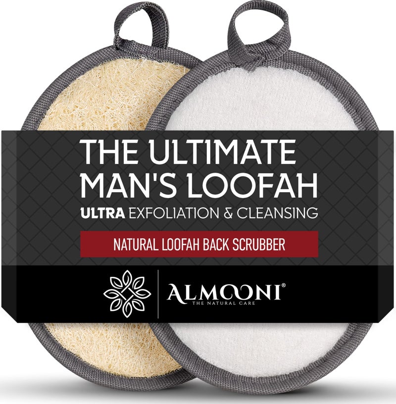 ALMOONI Sturdy Natural Loofah for Men, The Ultimate Men's Loofah Body Scrubber Made with Natural Egyptian Shower luffa Sponge, Bath Shower Sponge lufas for Men - 2 Count (1 Pack) - Gray - Image 1