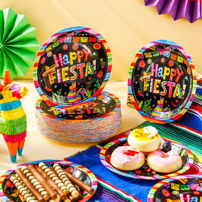 FillTouch أطباق ورقية مكسيكية 100 قطعة بحجم 7 بوصة للاستخدام مرة واحدة لعيد الميلاد والحلويات وزينة حفلات سينكو دي مايو لاحتفالات تاكو الثلاثاء واحتفالات أعياد الميلاد (أسلوب فييستا) - Image 2